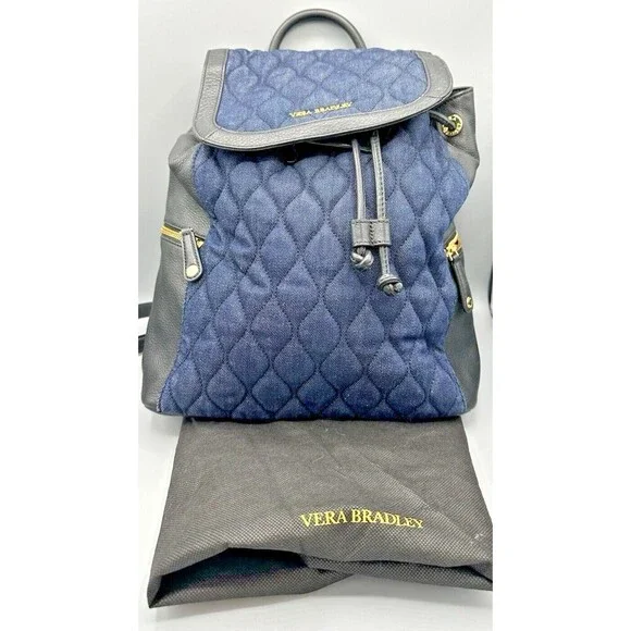 VERA BRADLEY Genuine Black Leather & Navy Denim Backpack - Perfect Condition - Picture 1 of 14